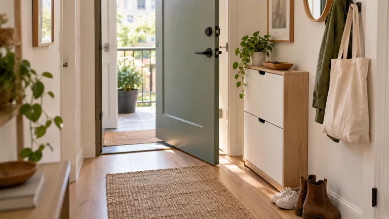 Compact apartment entryway with narrow shoe storage beside an open door and limited walking space