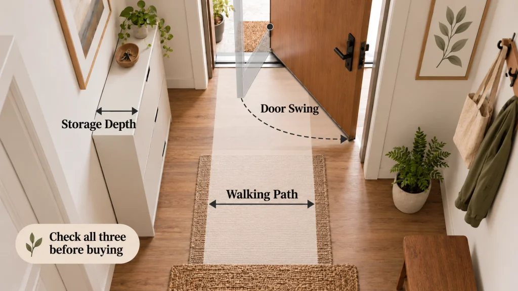 Diagram showing shoe storage depth, door swing, and walking-path space in a small entryway