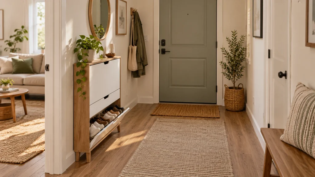 Small apartment entryway with slim shoe storage beside the front door and visible walking space