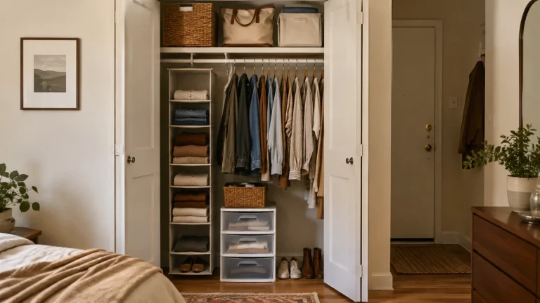 Small rental closet showing hanging storage, shelf space, baskets, and a drawer organizer
