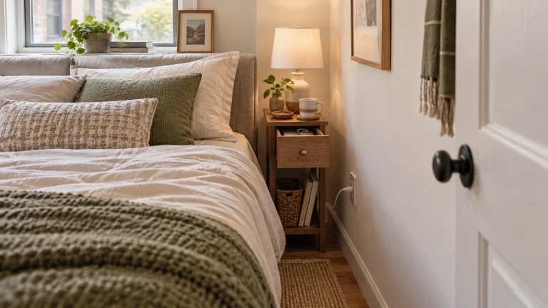 Small bedroom with a narrow nightstand beside the bed, showing an open drawer and a nearby wall outlet with visible cable access.