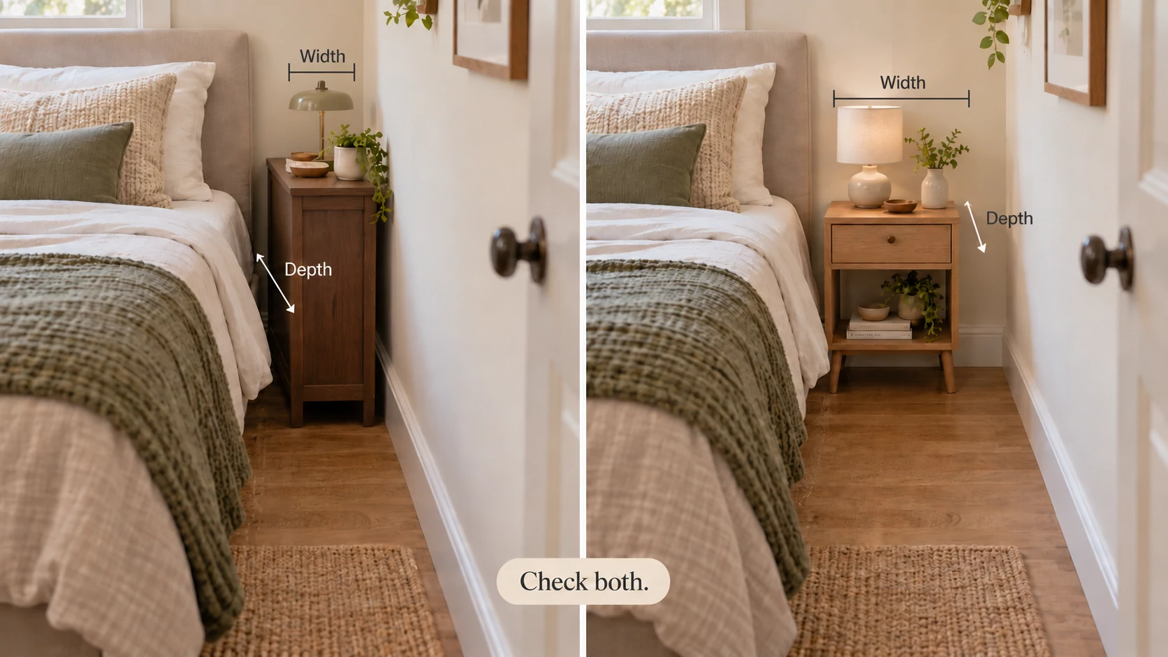 Side-by-side small-bedroom comparison showing a narrower, deeper nightstand and a wider, shallower nightstand, with width and depth highlighted.