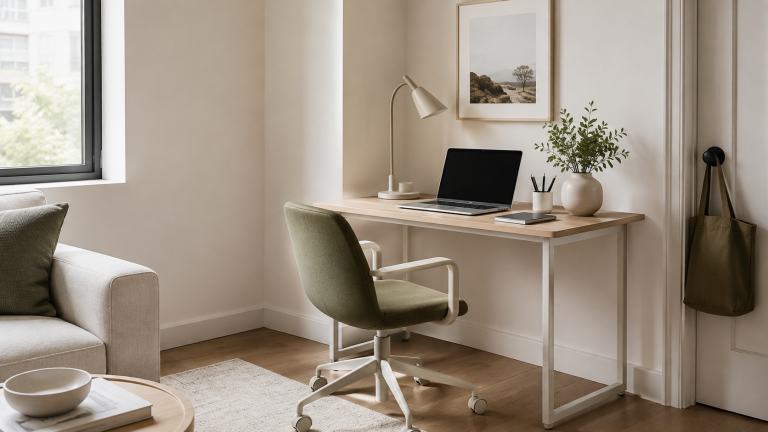 Small desk and office chair in a compact apartment home office