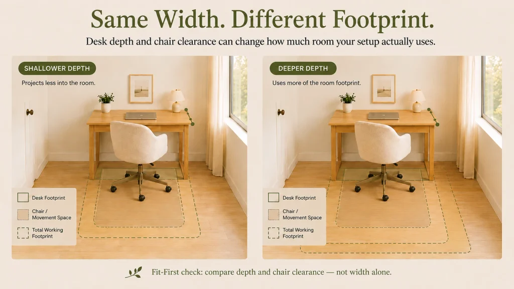 Side-by-side comparison showing how desks with similar width can have different working footprints because of desk depth and chair clearance
