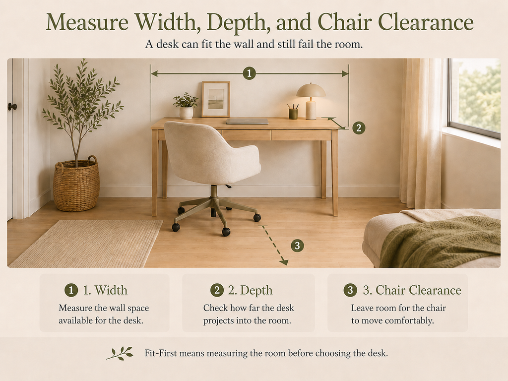 Diagram showing desk width, depth, and chair clearance measurements for a small home office
