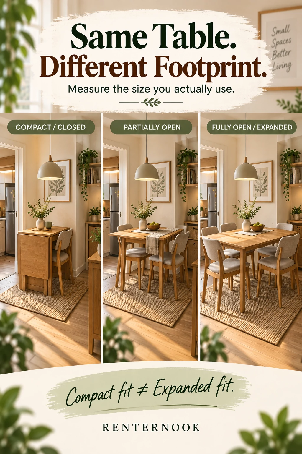 Dining table shown in compact, partially open, and fully expanded configurations to illustrate how its footprint changes between use states.