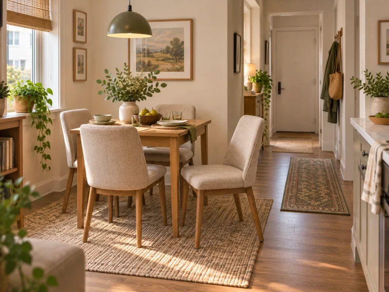 Small apartment dining area with a compact dining table, chairs, and a visible walking path beside the dining setup.