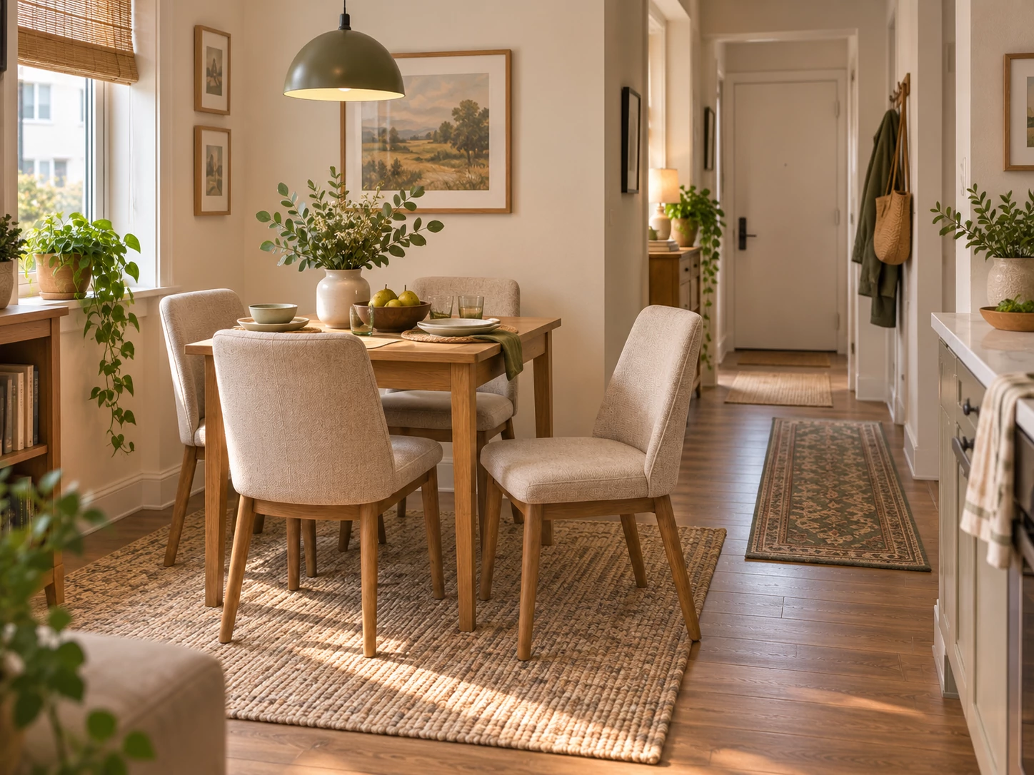Small apartment dining area with a compact dining table, chairs, and a visible walking path beside the dining setup.