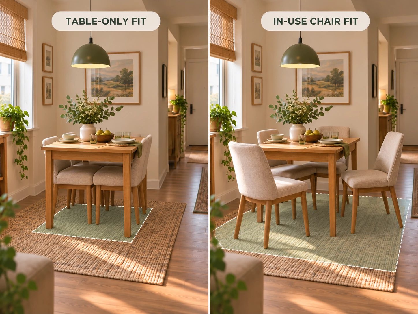 Side-by-side dining table comparison showing the compact table footprint with chairs tucked in and the larger footprint when chairs are pulled out for use.