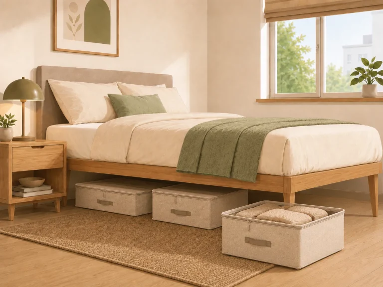 Under-bed storage containers in a small apartment bedroom, with two bins stored beneath the bed and one pulled out for access.